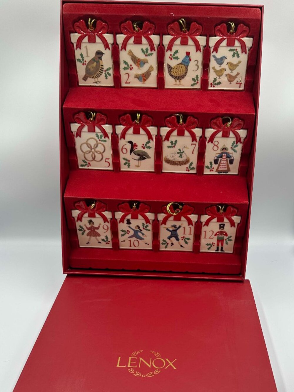 New Lenox 12 Days Of Christmas Holiday Ornaments Hand painted Red Gift Box